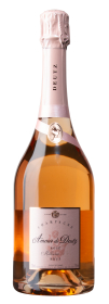 Produktfoto: Hochwertige Champagnerflasche mit rosafarbenem Etikett und Kapsel, Aufschrift 'Amour de Deutz'.