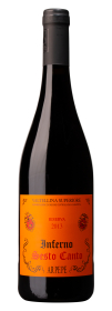 Produktfoto: Flasche Valtellina Superiore Inferno Sesto Canto Riserva 2013 von Arpepe mit orangefarbenem Etikett.