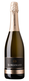 Produktfoto: Hochwertige Champagnerflasche mit goldener Folie und Etikett mit der Aufschrift 'Borgoluce Valdobbiadene Prosecco Superiore D.O.C.G. Brut'.