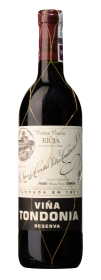 Produktfoto: Flasche Viña Tondonia Reserva Rotwein mit Etikett und goldener Drahtverzierung.