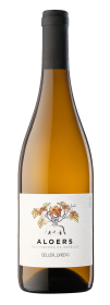 Produktfoto: Flasche Wein mit Etikett 'Aloers', schwarzer Verschluss, weißes Etikett mit Zeichnung von Weinreben.