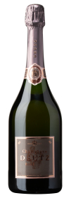 Produktfoto: Hochwertige Champagnerflasche mit Etikett “Champagne Deutz Rosé“ und dekorativem Wappen auf der Flasche.
