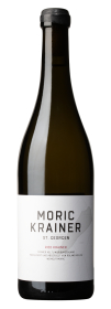 Produktfoto: Burgunderflasche mit schwarzer Wachskapsel, weißem Etikett, Text: MORIC KRAINER ST. GEORGEN RIED KRAINER GRÜNER VELTLINER BURGENLAND PRODUZIERT UND ABGEFÜLLT VON ROLAND VELICH WEINGUT MORIC. Flaschenformat: siebeneinhalb Deziliter.