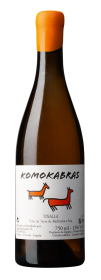 Produktfoto: Flasche eines spanischen Weins mit orangefarbenem Wachsverschluss und Etikett mit Pferdezeichnungen.