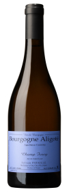 Produktfoto: Eine Weinflasche mit blauem Etikett, “Bourgogne Aligoté“. Enthält Informationen über Herkunft und Alkoholgehalt.