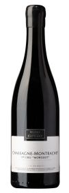 Produktfoto: Flasche Morey-Coffinet Chassagne-Montrachet 1er Cru Morgeot mit schwarzem Etikett auf weißem Hintergrund.