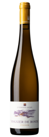 Produktfoto: Weißweinflasche mit goldener Kapsel, Etikett "Viognier de Rosine" und Landschaftsbild.