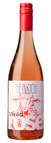 Produktfoto: Flasche mit rosafarbenem Etikett, Aufschrift “Heinrich naked Rosé“. Roter Schraubverschluss.