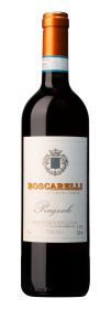 Produktfoto: Hochwertige Weinflasche mit Etikett 'Boscarelli Prugnolo Rosso di Montepulciano', orangefarbener Kapsel, 750 ml.