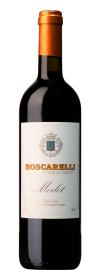 Produktfoto: Weinflasche Boscarelli Merlot mit Etikett, 750 ml, 14% Vol., Toskana, Italien, orange Kapsel.