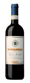 Produktfoto: Hochwertige Weinflasche mit Etikett 'Boscarelli Vino Nobile di Montepulciano Riserva'. Dunkle Flasche mit blauem Verschluss.