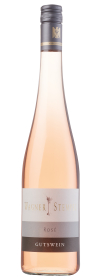 Produktfoto: Hochwertige Schlegelflasche mit rosa Wein, Etikett "Wagner Stempel Rosé Gutswein", schwarzer Schraubverschluss.