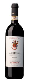 Produktfoto: Flasche Rotwein “Antoniolo Gattinara Riserva“ mit Etikett und DOCG-Siegel.