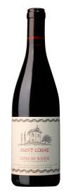 Produktfoto: Eine Weinflasche mit einem Etikett 'Saint Cosme Cotes-du-Rhone'. Das Etikett zeigt ein Haus und Bäume.