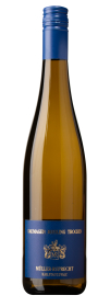 Produktfoto: Hochwertige Schlegelflasche mit blauem Etikett und Schraubverschluss. Aufschrift: Saumagen Riesling Trocken, Müller-Ruprecht, Kallstadt/Pfalz.