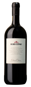 Produktfoto: Hochwertige Weinflasche mit Etikett 'Riecine Chianti Classico'. Dunkle Flasche mit hellem Etikett und schwarzem Korken.