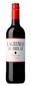 Produktfoto: Weinflasche mit rotem Verschluss, Etikett 'Lágrimas de Bhilar Garnacha'.
