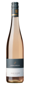 Produktfoto: Hochwertige Weinflasche mit Schraubverschluss, Etikett 'Blanc de Noir Trocken', Marke Schäfer-Fröhlich.