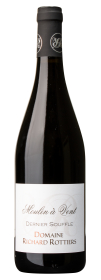 Produktfoto: Burgunderflasche, schwarze Kapsel mit silbernem Monogramm, weißes Etikett mit den Texten: Moulin à Vent, Dernier Souffle, Domaine Richard Rottiers. Flaschenformat: 0,75 Liter.