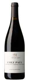 Produktfoto: Flasche Rotwein mit Etikett “Chez Paul“ und “Domaine Albert de Conti“. Schwarzer Kapselverschluss, weißes Etikett.