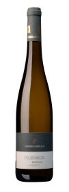 Produktfoto: Hochwertige Weinflasche mit Etikett "Schäfer-Fröhlich Felseneck Riesling Kabinett". Dunkler Flaschenhals, weißes Etikett.