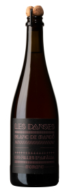Produktfoto: Eine hochwertige Champagnerflasche mit schwarzem Etikett und Korken, darauf steht 'Les Danses Blanc de Mandó'.