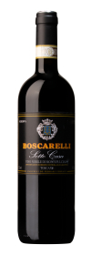 Produktfoto: Eine Weinflasche mit schwarzem Etikett, auf dem “Boscarelli Sotto Casa“ steht. Der Wein ist ein Vino Nobile di Montepulciano aus der Toskana.