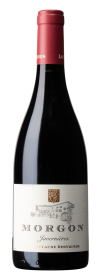 Produktfoto: Flasche Morgon Javernières Wein mit rotem Kapselverschluss und Etikett mit goldenem Wappen und Schriftzug.