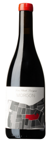 Produktfoto: Flasche Burgunderwein mit rotem Verschluss und Etikett 'Morgon'.