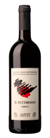 Produktfoto: Hochwertige Weinflasche mit Etikett 'Valtellina Superiore Il Pettirosso Nebbiolo Arpepe'. Schwarze Kapsel, 750ml.