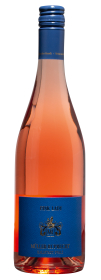 Produktfoto: Eine roséfarbene Weinflasche mit blauem Etikett und Schraubverschluss. Auf dem Etikett steht 'Pink Lady' und 'Müller-Ruprecht'.