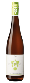 Produktfoto: Eine Weinflasche mit grünem Schraubverschluss und Etikett mit Traubenmotiv. Aufschrift: “Grauer Burgunder“ und “Weingut Ökonomierat Rebholz“.