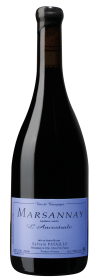 Produktfoto: Eine Flasche Marsannay Rotwein mit blauem Etikett. Enthält Informationen über Herkunft und Alkoholgehalt.