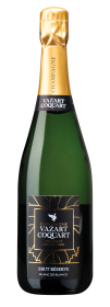 Produktfoto: Champagnerflasche mit goldener Kapsel und schwarzem Etikett. Aufschrift: VAZART COQUART, CHOUILLY GRAND CRU, BRUT RÉSERVE.