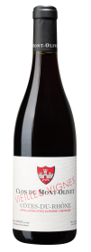 Produktfoto: Eine Weinflasche mit dem Etikett “Clos du Mont-Olivet Vieille Vignes Côtes-du-Rhône“. Das Etikett ist weiß mit rotem und schwarzem Text.
