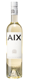 Produktfoto: Eine Flasche Weißwein der Marke AIX mit weißem Etikett und silbernem Schraubverschluss.