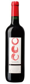 Produktfoto: Eine Weinflasche mit rotem Verschluss und Etikett mit roten Kreisen. Aufschrift: “SABONITE, VIN DE FRANCE“.