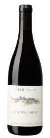 Produktfoto: Weinflasche mit Etikett 'La Bouïssiere Côtes du Rhône'. Schwarzer Verschluss, weißes Etikett mit Landschaftsbild.