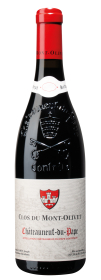 Produktfoto: Eine Flasche Rotwein mit rotem Verschluss und Etikett 'Clos du Mont-Olivet, Châteauneuf-du-Pape'.