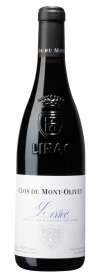 Produktfoto: Weinflasche mit schwarzem Etikett 'Clos du Mont-Olivet Lirac'.