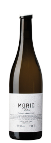 Produktfoto: Weinflasche mit weißem Etikett 'MORIC TOKAJ', 12,5% Vol, 750 ml. Enthält Furmint-Hárslevelű.