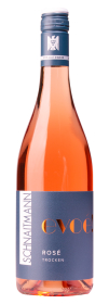 Produktfoto: Flasche Roséwein mit blauer Kapsel und Etikett, Aufschrift “Schnaitmann evoé Rosé trocken“.
