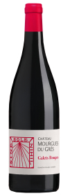 Produktfoto: Burgunderflasche mit rotem Kapsel, Etikett zeigt “Château Mourgues du Grès Galets Rouges“ und “Costières de Nîmes“.