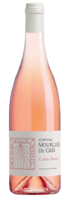 Produktfoto: Roséweinflasche mit Etikett 'Château Mourgues du Grès Galets Rosés', silberner Verschluss, klare Flüssigkeit sichtbar.