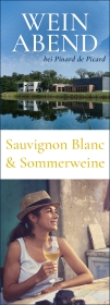 Produktfoto: Collage aus Weinflaschen, Gläsern und einer lächelnden Frau, die ein Glas Weißwein hält. Text: “Weinabend“, “Sauvignon Blanc“.