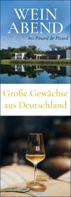 Produktfoto: Ein Plakat mit Weinflaschen, Gläsern und einem Weinglas mit eingeschenktem Weißwein. Text: “Weinabend“, “GROSSE GEWÄCHSE“.
