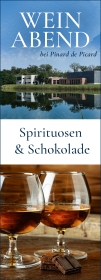 Produktfoto: Das Bild zeigt eine Weinveranstaltung mit dem Titel 'Weinabend', präsentiert von Pinard de Picard. Verschiedene Weingläser und Flaschen sind illustriert. Unten hält jemand ein Glas mit Grappa oder Weinbrand.