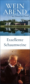 Produktfoto: Ein Poster mit Weinflaschen und Gläsern, eine Frau riecht an einem Weinglas. Text: 'Weinabend', 'Exzellente Schaumweine'.