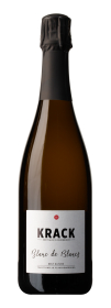 Produktfoto: Eine Flasche Sekt mit der Aufschrift 'KRACK Blanc de Blancs'. Die Flasche hat ein schwarzes Etikett und Kapsel.
