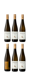 Produktfoto: Sechs Weinflaschen mit Etikett Hirsch, Ried Gaisberg, Kamptal Riesling.